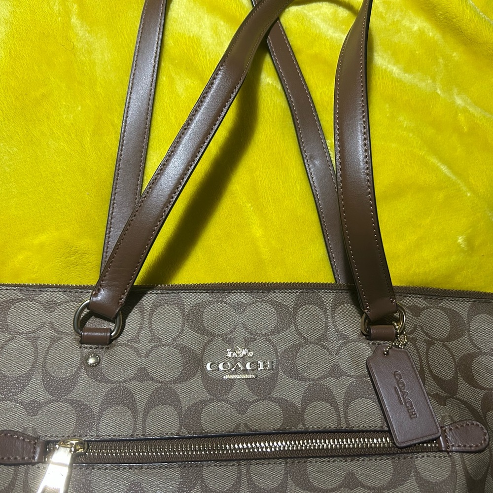 Coach Tan and Brown Signature Handbag